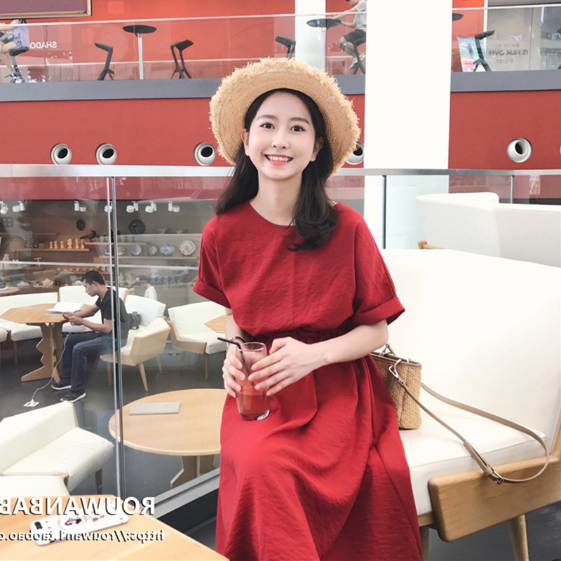 Váy đỏ cộc tay dáng dài buộc nơ eo Vintage (ORDER- sẵn L, XL)- Có ảnh thật | BigBuy360 - bigbuy360.vn