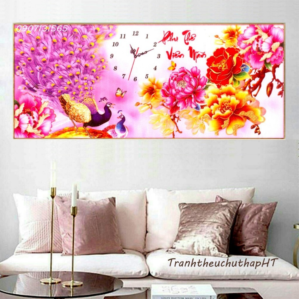 Tranh đính đá, tranh thêu chữ thập đồng hồ con công hoa mẫu đơn, phu thê viên mãn DF454 , LV3161  – Tự