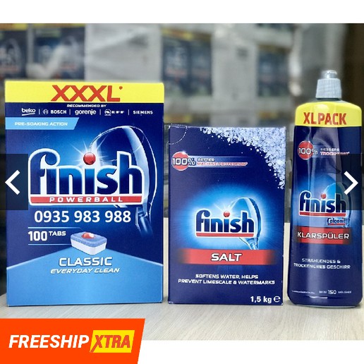 Combo 100 viên rửa bát Finish + Nước bóng Finish 750ml + 1.5kg Muối rửa chén finish ( Đức )