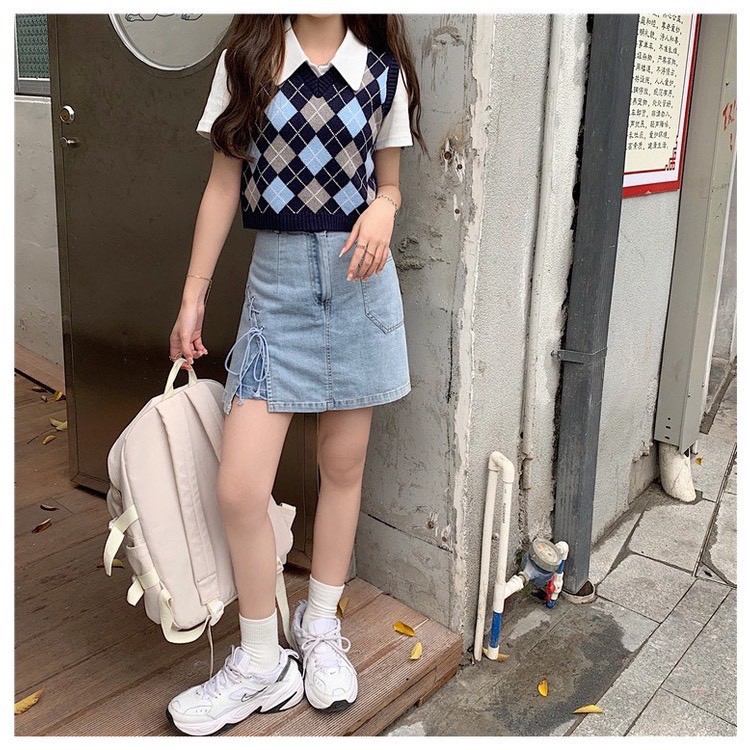 Áo gile len nữ dáng croptop họa tiết caro phong cách Ulzzang siêu xinh - 4BASIC Len03 | BigBuy360 - bigbuy360.vn