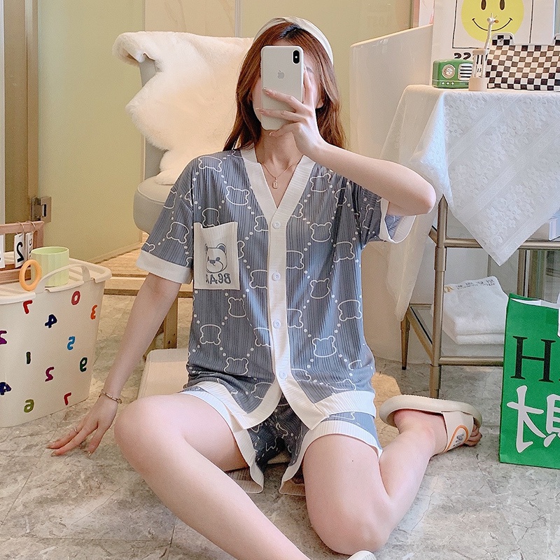 Bộ Đồ Ngủ Ngắn Tay In Hình Gấu Dễ Thương Dành Cho Nữ
