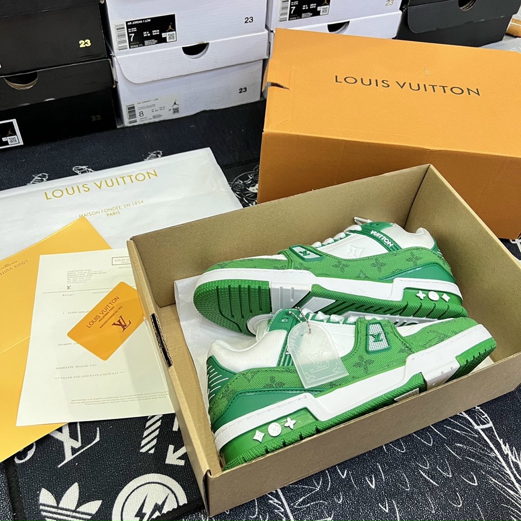 Giày LV xanh lá trắng bản sc, giày louis vuitton xanh lá cao cấp. Full phụ kiện + ảnh thật.