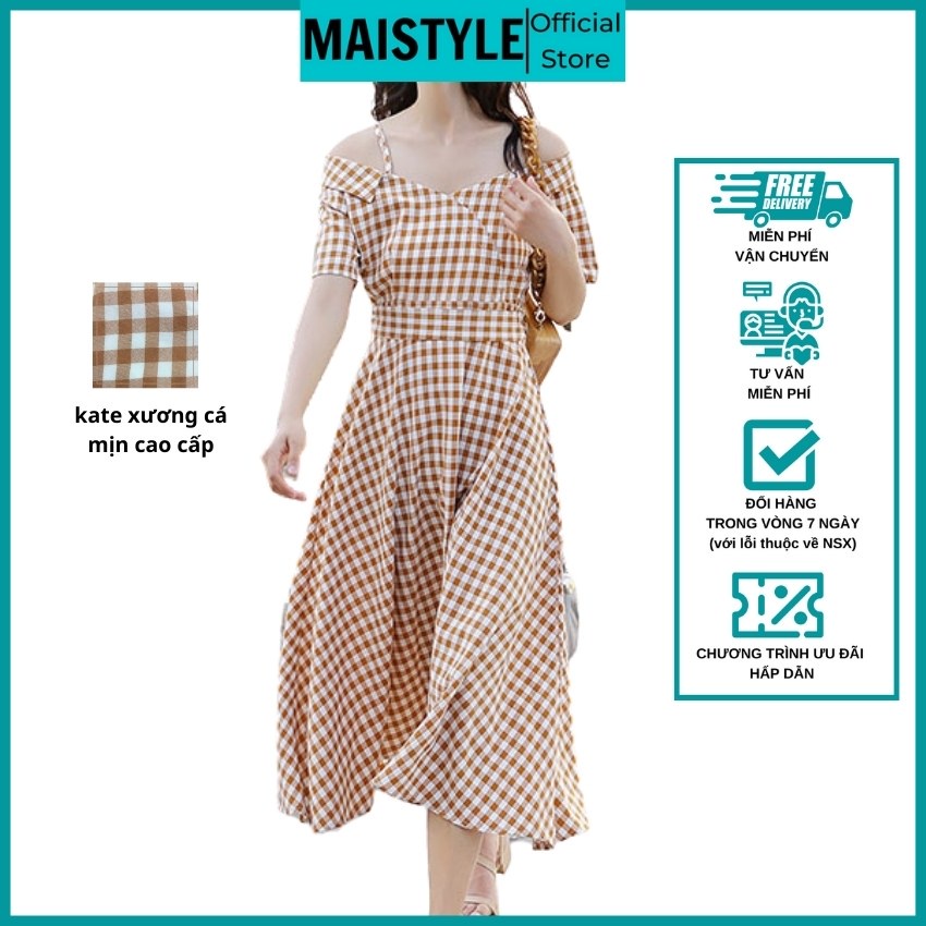 Đầm caro MAISTYLE Váy caro 2 dây tiểu thư trễ vai xinh đầm hai dây bánh bèo dáng dài đẹp xòe đi chơi tết dễ thương | BigBuy360 - bigbuy360.vn