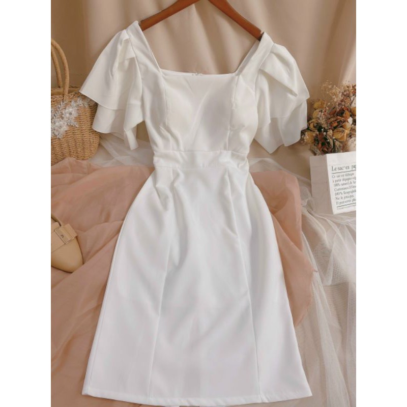 Đầm midi trắng cổ vuông tay bèo.