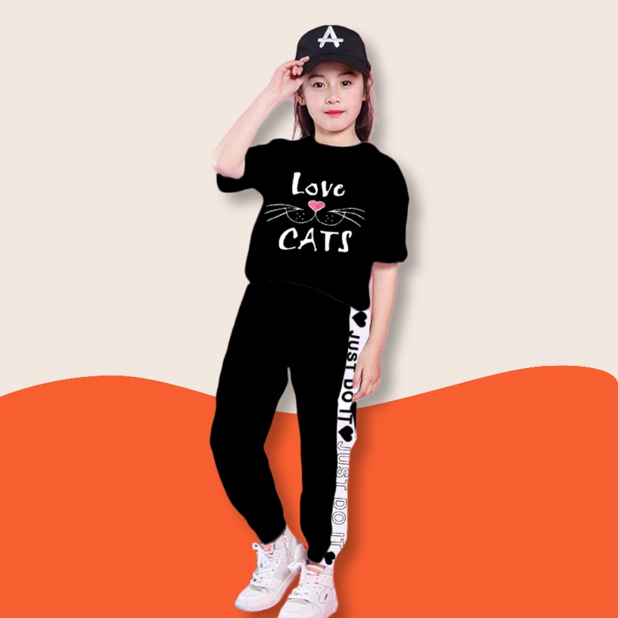 Bộ bé gái Love Cat tay ngắn quần dài  xinh xắn quần phối lai trắng đen HEBI KIDS cho bé từ 4- 14 tuổi