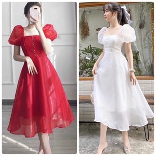 Đầm nút ngọc tay phồng