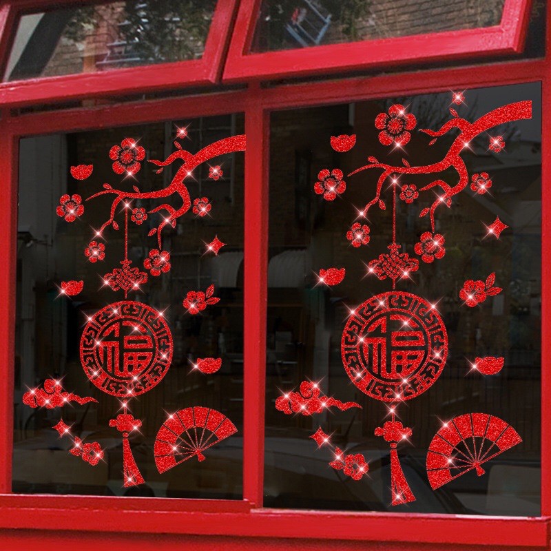 Decal trang trí tết - Cành Mai đỏ kèm dây bảng hỷ nhũ kim tuyến Đỏ