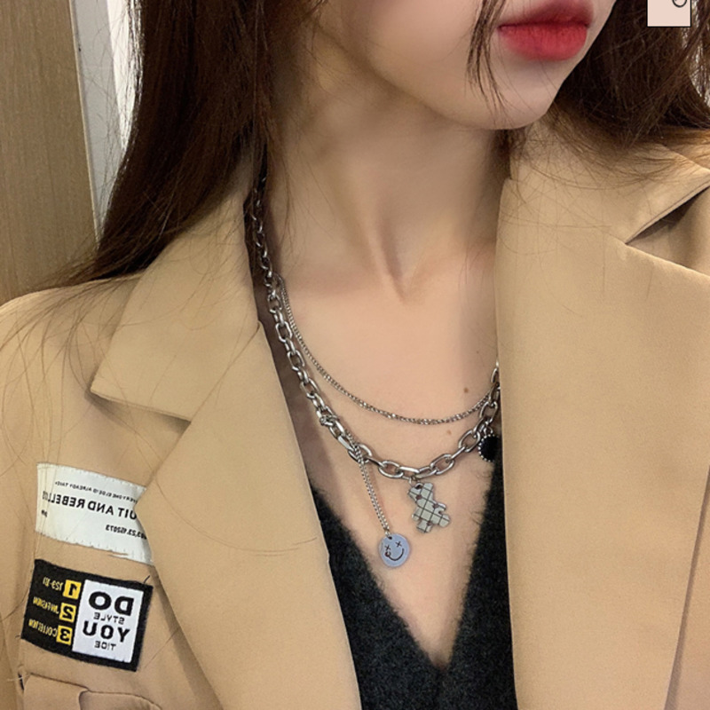 Dây chuyền hai lớp gấu mặt cười dễ thương phong cách hip hop đơn giản dễ phối