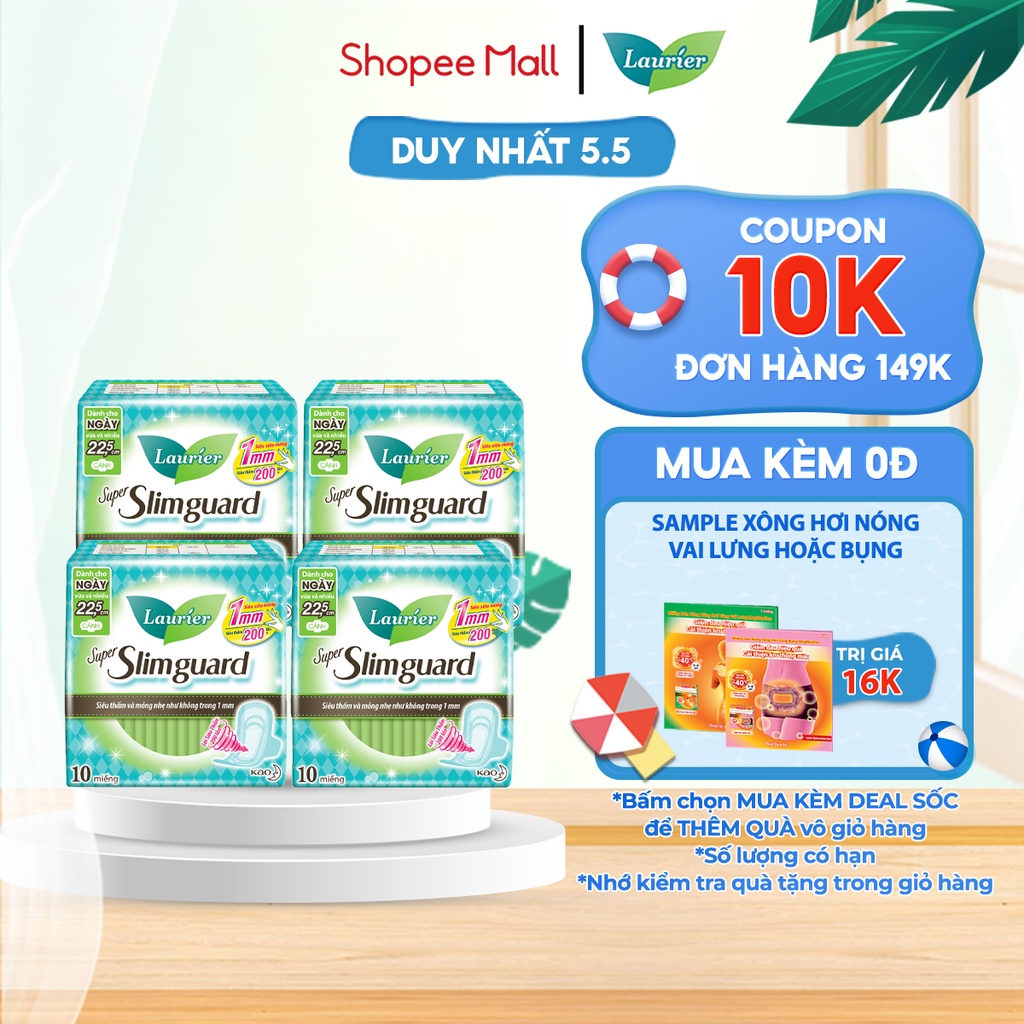 [Mã FMCGMALL -8% đơn 250k] Combo 4 gói BVS Laurier siêu mỏng bảo vệ 1mm 22.5cm 10 miếng