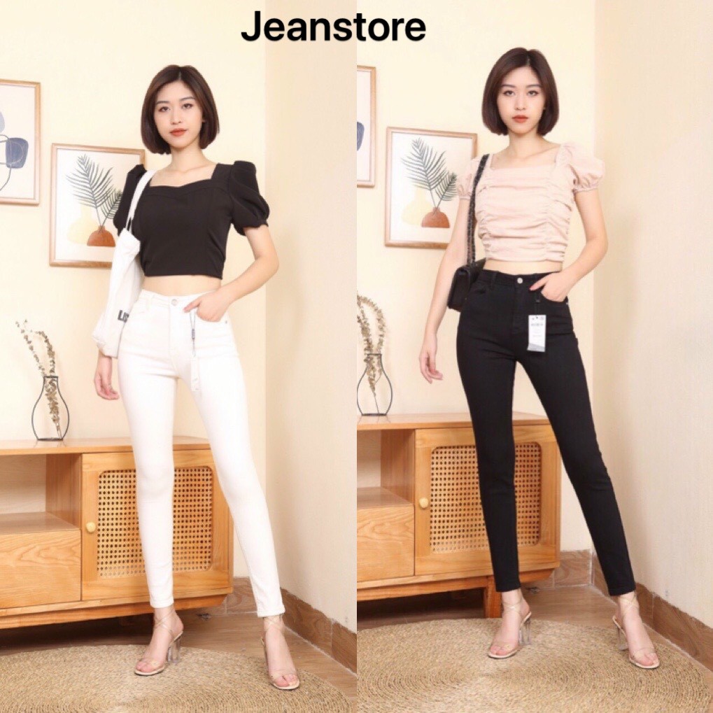 Quần Bò Nữ Skinny Đen Trắng Dáng Ôm Dài 9 Tấc Chất Co Dãn,Quần Jean Nữ VNXK Cạp Cao