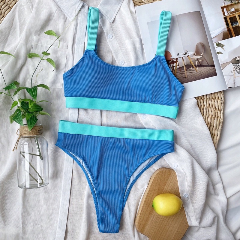 BIKINI CẠP CAO 2 MẢNH CHẤT THUN TĂM MIX MÀU HIGH WAISTED BIKINI 2 TONED COLOR | BigBuy360 - bigbuy360.vn