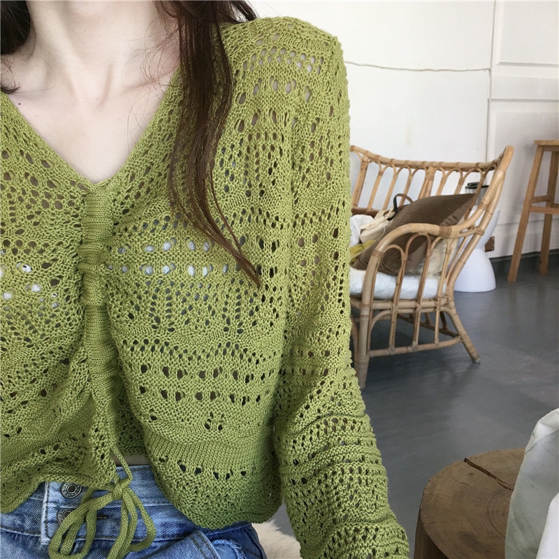 Áo Croptop Dệt Kim Tay Dài Thiết Kế Cổ Chữ V Quyến Rũ