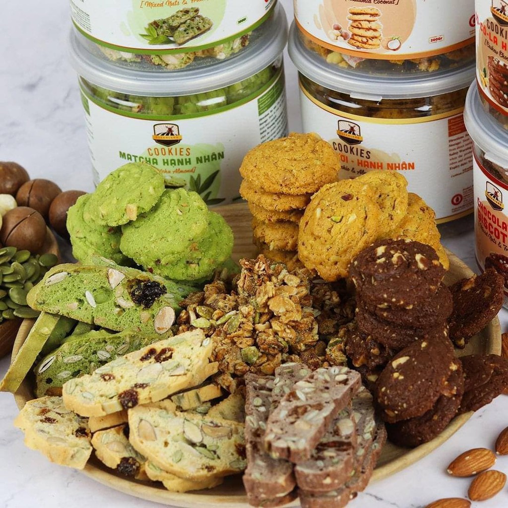 Bánh dinh dưỡng không đường Cookies Trà Xanh Hạnh Nhân topping siêu hạt 250g, tốt cho sức khỏe | BigBuy360 - bigbuy360.vn