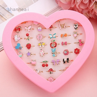 Hộp 36 Nhẫn Hợp Kim Đính Đá Hình Trái Tim Hoạt Hình Dễ Thương Phong Cách Hàn Quốc Cho Bé