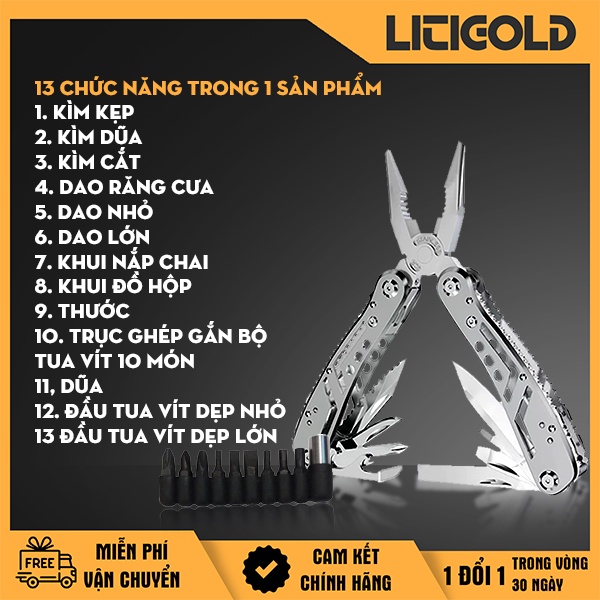 Kìm Đa Năng Jeep LTG-1599 Chính Hãng - Làm Từ Thép Không Gỉ, Nhiều Chức Năng 13 Trong 1 - Litigold