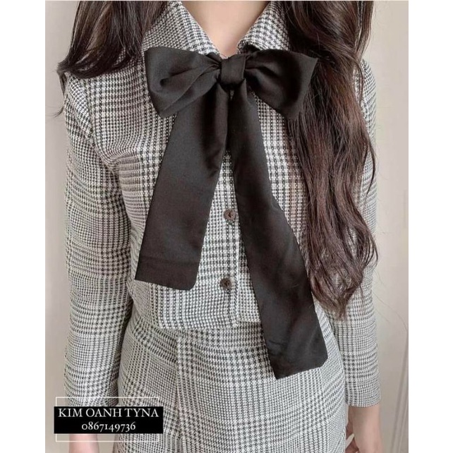 Set váy dạ kẻ kèm nơ