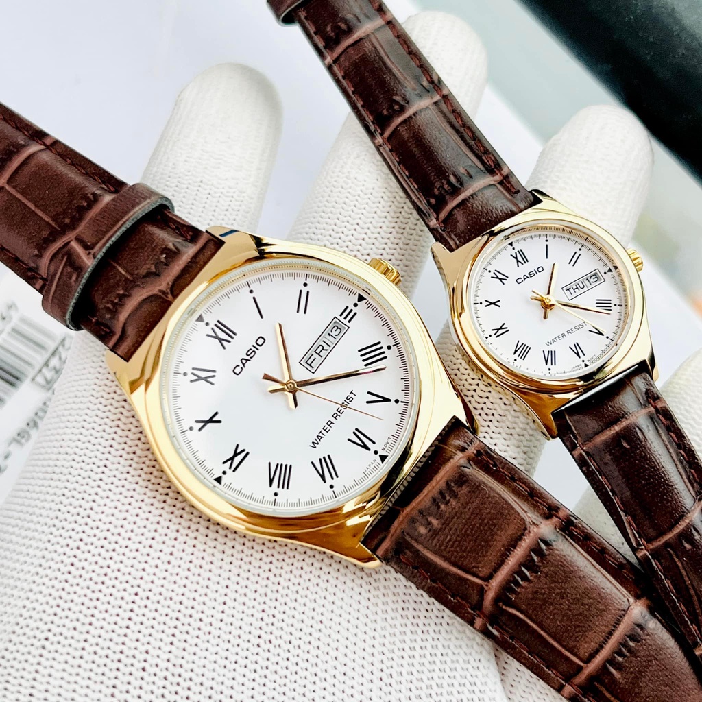 Đồng hồ nam nữ dây da Casio V006GL-7B Mặt trắng viềng vàng - Kính khoáng chống nước Bảo hành 1 năm Hyma watch