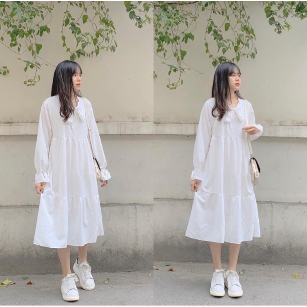 Đầm Babydoll Nơ Ngực 🦋FREESHIP🦋 Váy Nữ Tay Bồng Dáng Suông 2 Màu