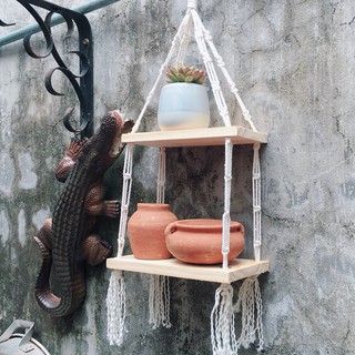 Kệ gỗ dây thừng treo tường 2 tầng