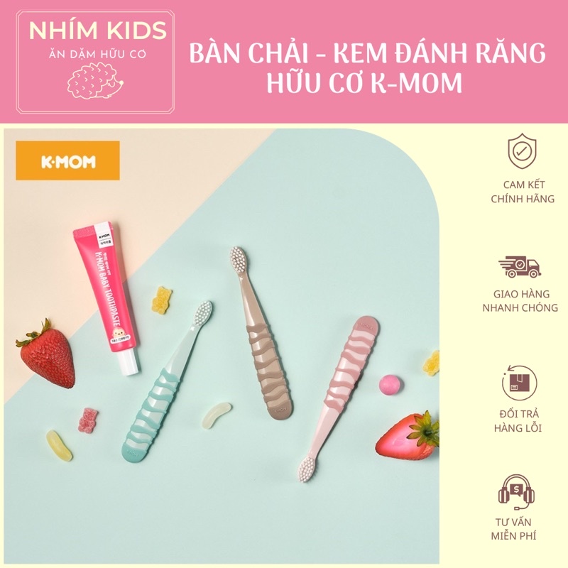 Kem đánh răng và bàn chải hữu cơ Kmom cho bé 6-36 tháng (không chứa flo - có thể nuốt được)
