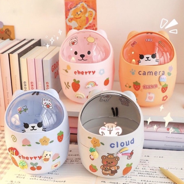 Thùng rác mini, hộp đựng bút để bàn hình mèo có nắp tiện dụng cho mẹ và bé - Tặng kèm Sticker - TiNa’s House