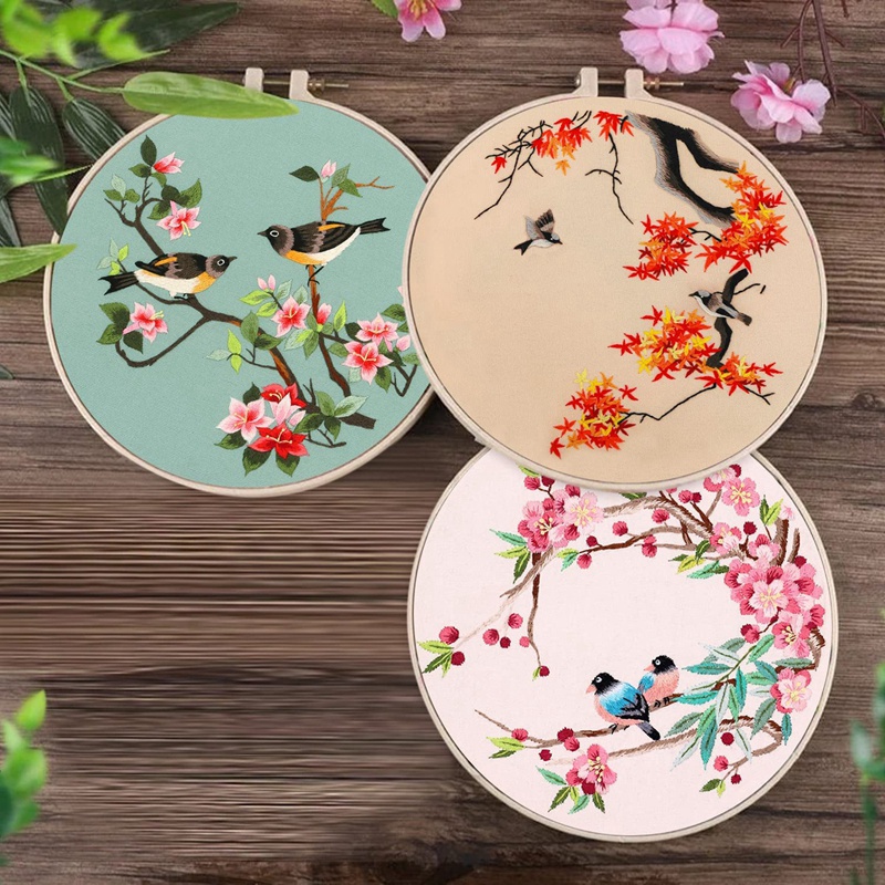 Bộ 3 Món Dụng Cụ Thêu Tranh Chữ Thập Kèm 3 Tấm Vải Thêu Hình Chim Cho Người Mới Bắt Đầu