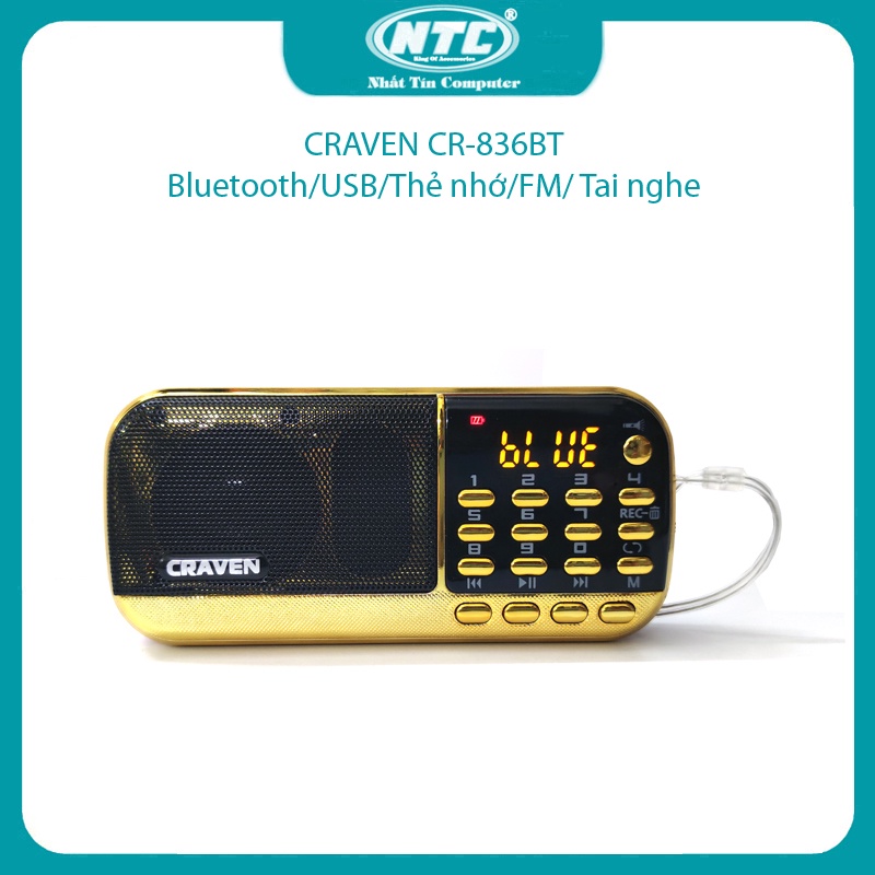 Loa đài FM đa năng Craven CR-836BT hỗ trợ Bluetooth/ Thẻ nhớ/ USB/ Tai nghe/ Đèn pin - dung lượng pin 4400mah (Đen đỏ)