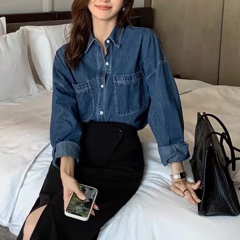 Áo Sơ Mi Denim Nữ Dài Tay - Sơ Mi Bò Nữ Có Túi Ngực Tay Dài Dày Dặn Phong Cách Hàn Quốc Siêu Đẹp