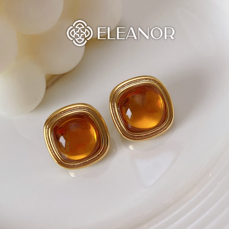 Bông tai nữ Eleanor Accessories chuôi bạc 925 đính đá màu trà hình vuông phụ kiện trang sức vintage