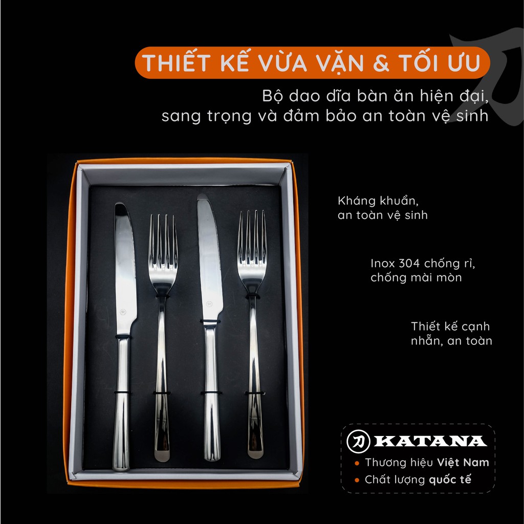 Set 4 món DAO DĨA ăn bít tết, steak KATANA INOX 304 cao cấp, sang trọng - KATA110