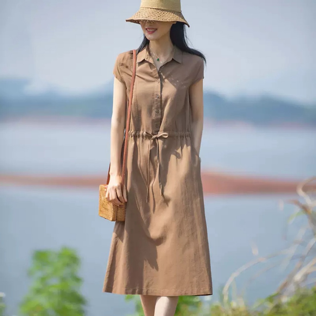 Đầm Suông Linen Cổ Đức,Váy Sơ mi Công Sở, Dạo Phố - Phong Cách Thời Trang Hàn Quốc Da70