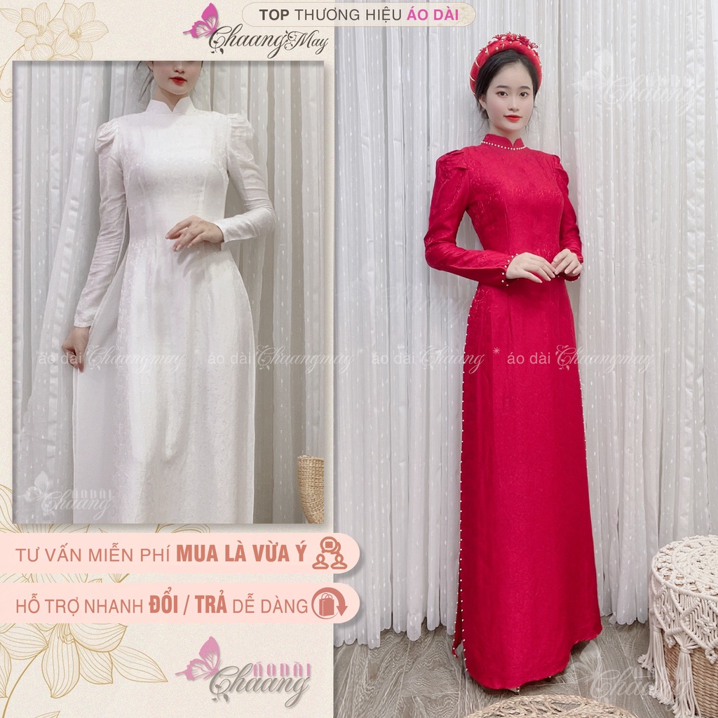 Áo dài cưới cô dâu tay vai bồng CHAANG May thiết kế Lụa Tơ Tằm đính ngọc cao cấp dự tiệc lễ tết đẹp