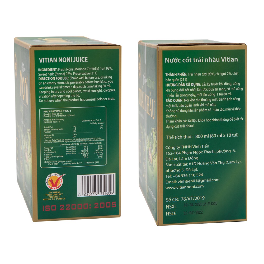 Nước Cốt Trái Nhàu Vĩnh Tiến Nguyên Chất (80ml x 10 túi) 1 Hộp. Noni Juice 100% Nature (Hàng cận date T07/2022)