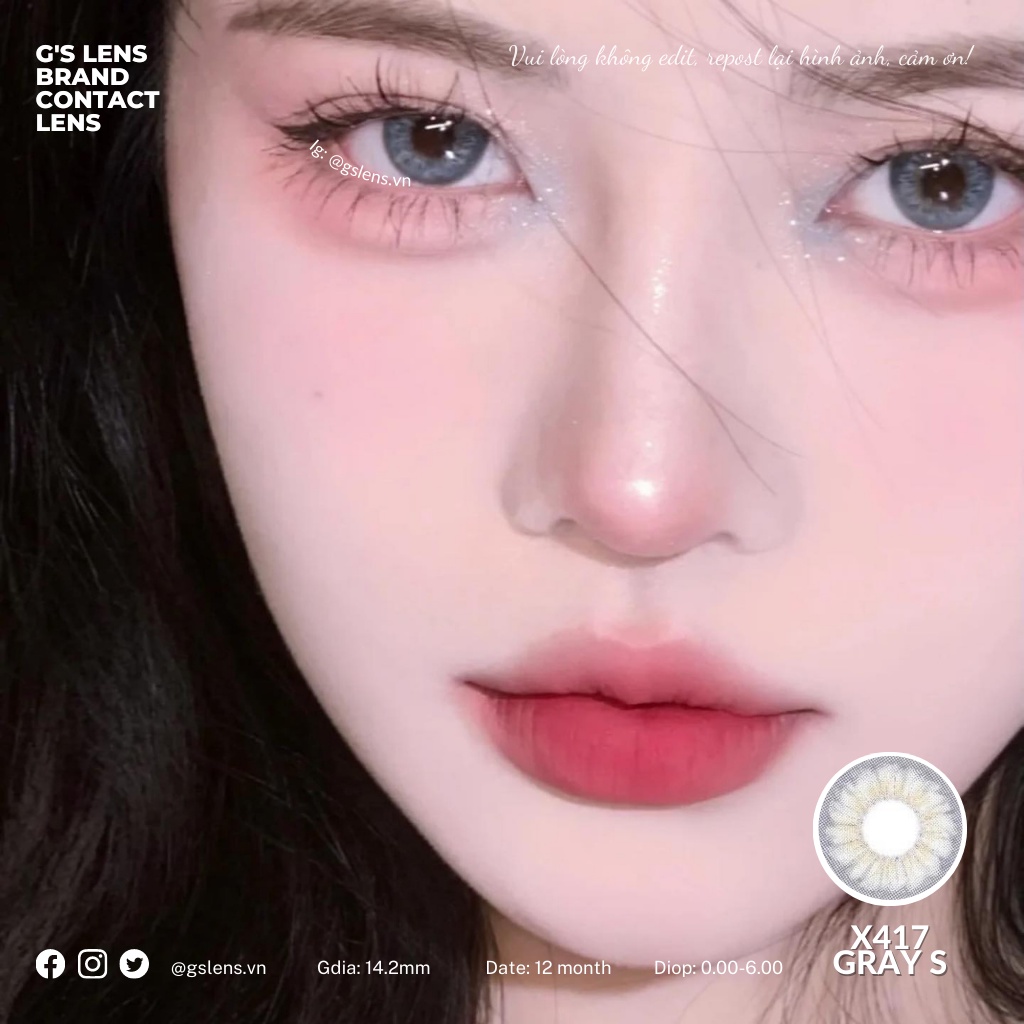 Lens Mắt Kính Áp Tròng Xám Xoáy Tự Nhiên X417 Gray Giãn Ít Có Từ 0 Đến 6 Độ Lệch Độ Size S 14.2mm