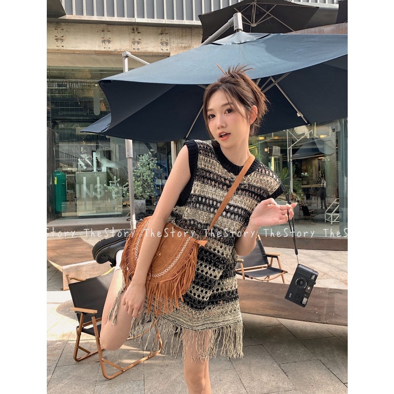 Áo ghi lê nữ len sọc tua rua  A2602