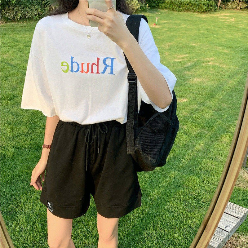 Quần Đùi Unisex Dáng Hàn Logo Cạp Chun Dây Rút 2 Màu