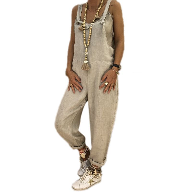 Bộ Áo Liền Quần Sát Nách Vải Cotton Lanh Ống Rộng Thoải Mái Cho Nữ