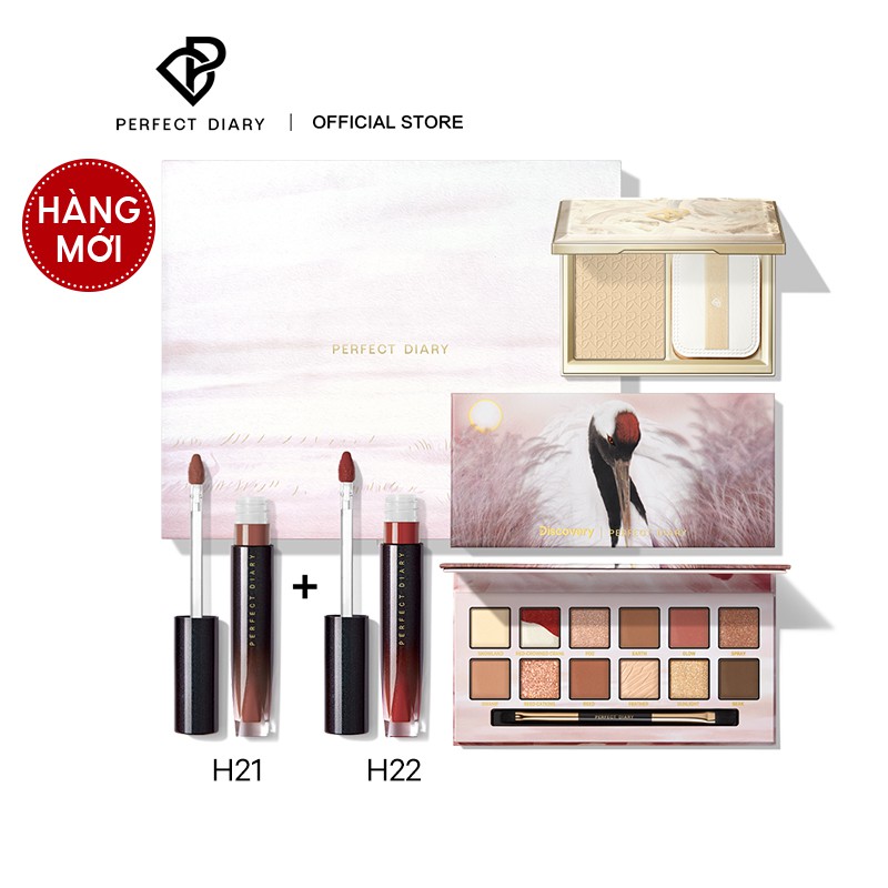 Bộ mỹ phẩm Perfect Diary gồm bảng phấn mắt 14g+ 2 Son nước 2.5g+phấn nén 7g họa tiết chim Sếu đầu đỏ hợp thời trang | BigBuy360 - bigbuy360.vn
