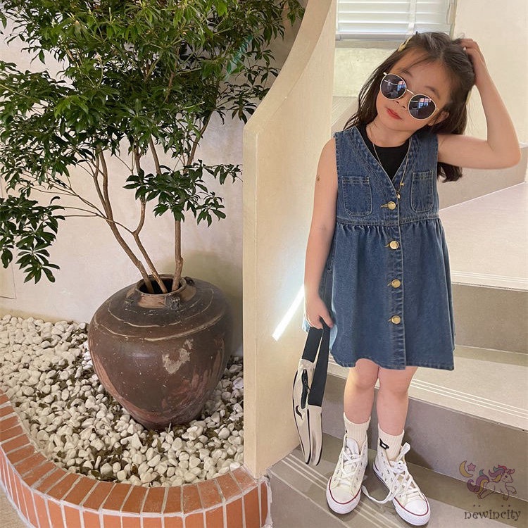 Đầm Denim Sát Nách Phối Túi Phong Cách Retro Hàn Quốc Cho Bé Gái