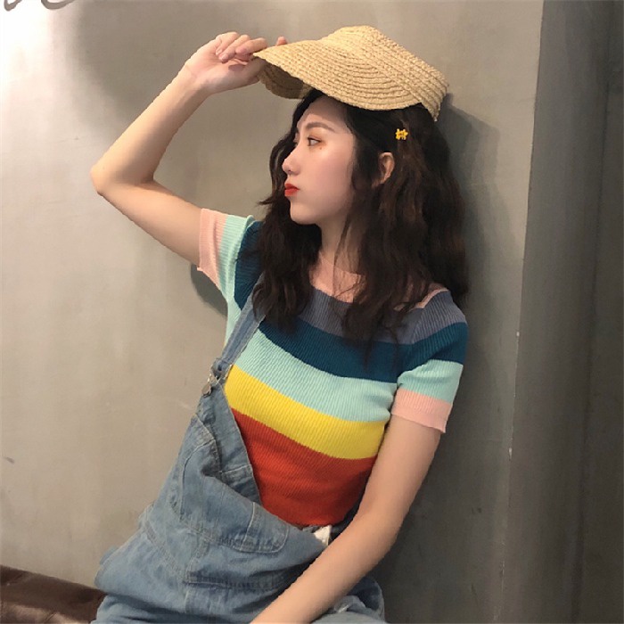 Áo thun ZHELIHANGFEI dệt kim tay ngắn kẻ sọc cầu vồng dễ thương