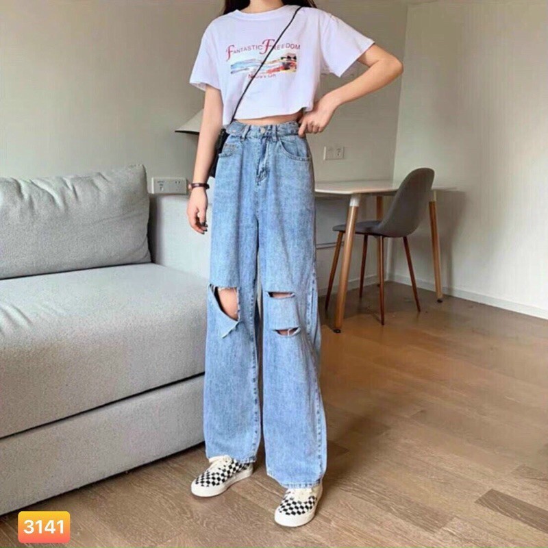 Baggy Jeans Ống Suông Túi Nắp Rách 3 Line