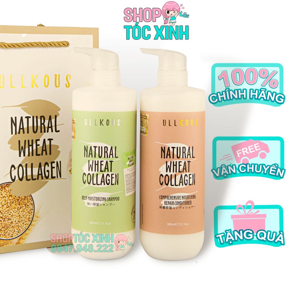 Dầu Gội Xả Sạch Gàu ULLKOUS Natural Wheat 800ML x2, Dầu Gội Đầu Collagen lúa mạch phục hồi tóc, dưỡng ẩm cho tóc