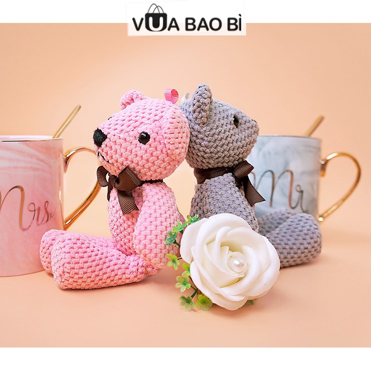 Gấu bông Teddy đan len, gấu teddy bông 18cm quà tặng nhồi bông, phụ kiện trang trí (Hồng/Xám)