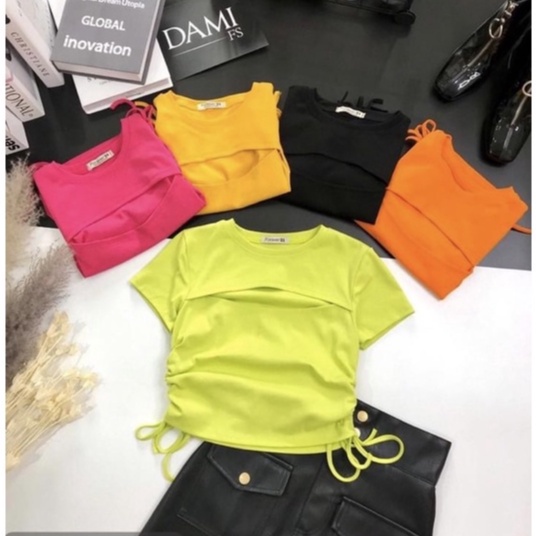 Áo Thun Kiểu Nữ Dáng Croptop Khoét Ngực Tay Ngắn Rút Dây Eo