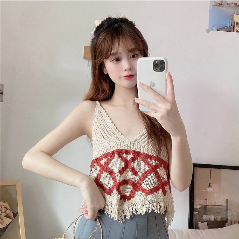 💥Áo 2 dây 2s len móc tua rua đi biển thêu chữ X
