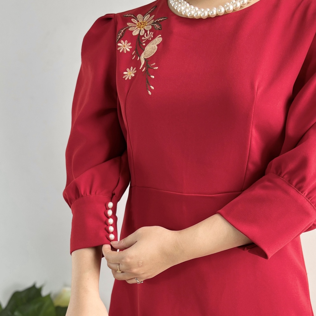 Đầm thêu hoa tay đính ngọc CG-03, thiết kế trung niên MIUCO, kiểu dáng sang trọng, thêu hoa bản lớn, đầm tặng mẹ