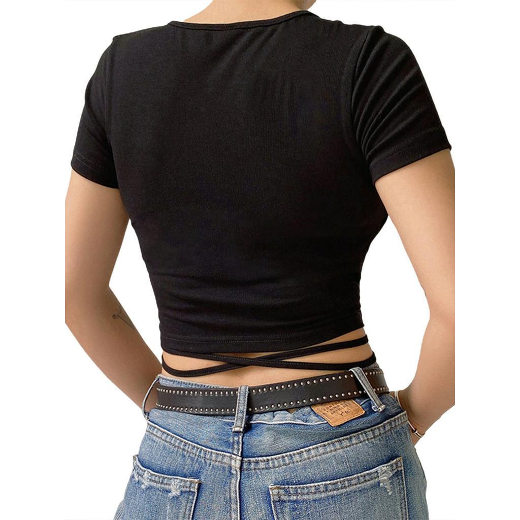 Áo croptop cổ chữ V màu trơn thắt dây thời trang mùa hè cho nữ