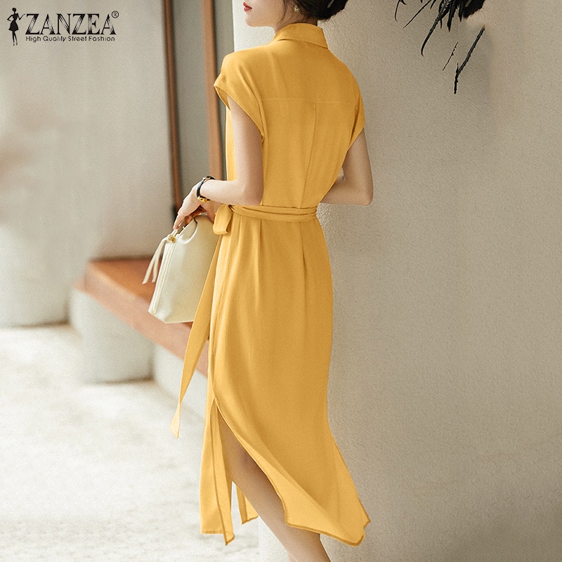 Đầm ZANZEA tay ngắn cổ bẻ xẻ tà thời trang dành cho nữ