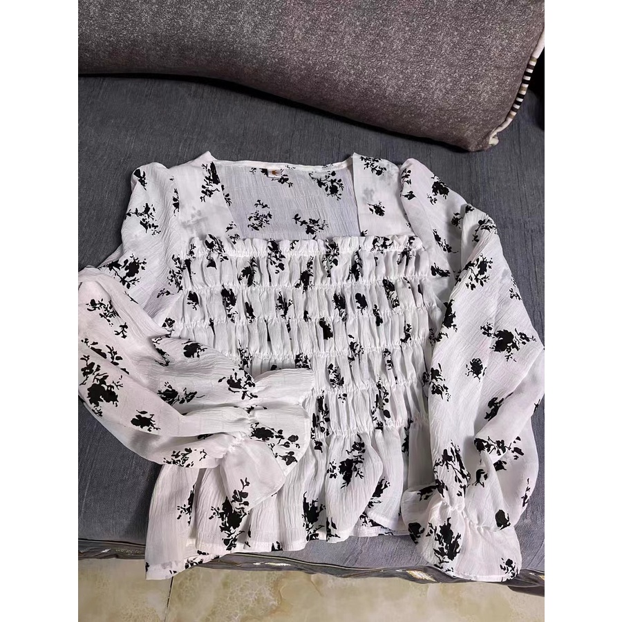 Áo kiểu BH tay dài cổ vuông in họa tiết hoa thời trang mùa thu cho nữ