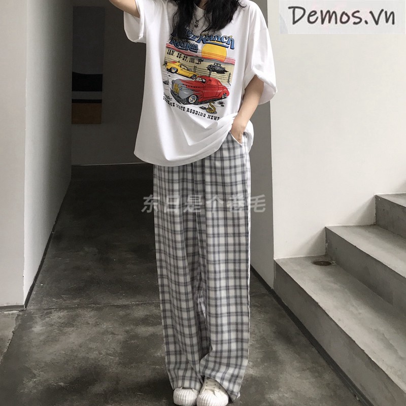 Korean retro style plaid wide-leg trousers